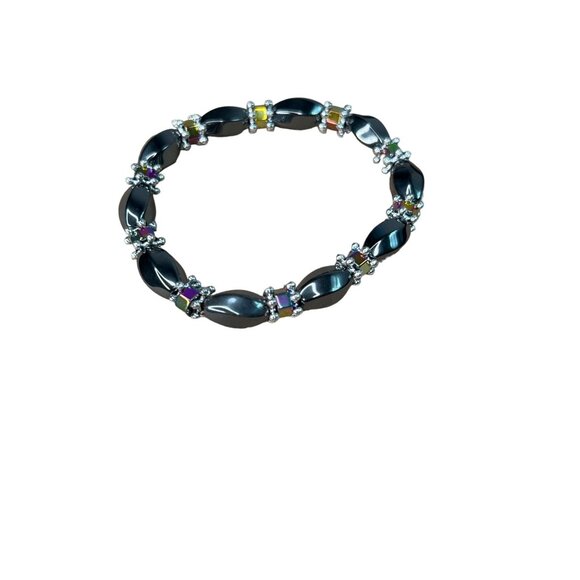 Hematite Stretch Bracelet With Multicolor Gem Accents - Picture 2 of 4